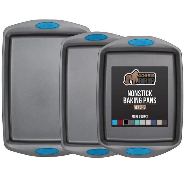 Gorilla Grip Non Stick Jelly Roll Baking Pans, Thick Warp Proof, 3 Piece, Durable Silicone Handles, Kitchen Oven Pan Bakeware Set, Cooking, Roasting Sets, Easy Clean, Set of 3, Aqua