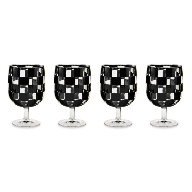 MACKENZIE-CHILDS Set of 4 Acrylic Water Goblets, Stemmed Water Glasses, 13.5 Ounces, Black Check