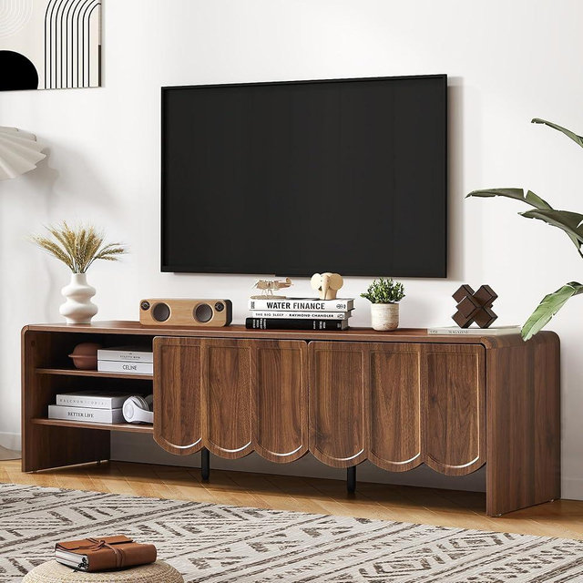 ORRD 63'' TV Stand, Modern TV Console Table Wave Panel Television Stands Entertainment Media Center with Storage Compartment and Sliding Door for Living Room (Walnut)