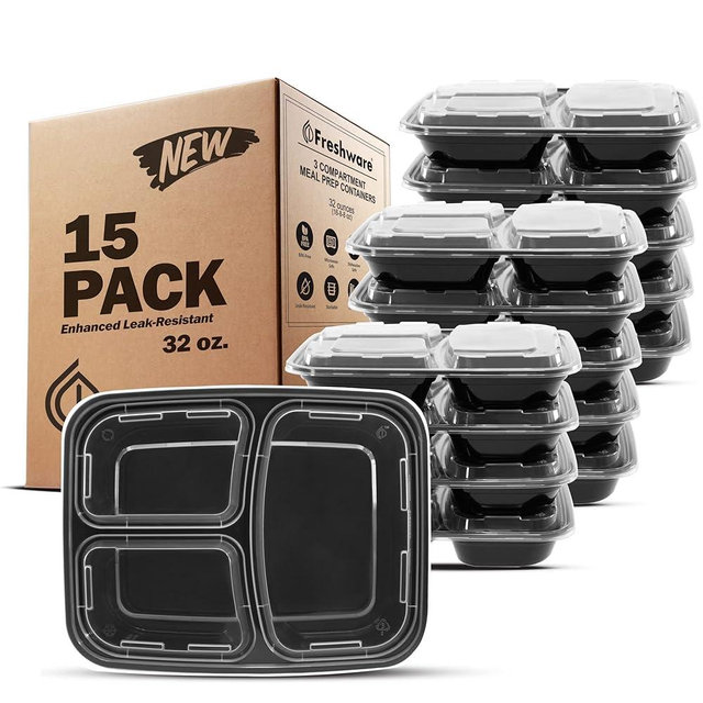 Freshware Meal Prep Containers with Lids [15 Pack] 3 Compartment, Food Storage Containers, Bento Box, BPA Free, Stackable, Microwave/Dishwasher/Freezer Safe (32 oz)