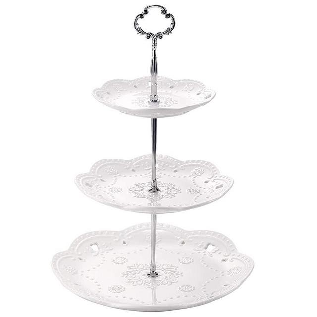 Sumerflos 3-Tier Porcelain Cake Stand, Elegant Embossed Cupcake Dessert Stand - Pastry Tiered Serving Tray for Tea Party, Baby Shower and Wedding (Pure White)