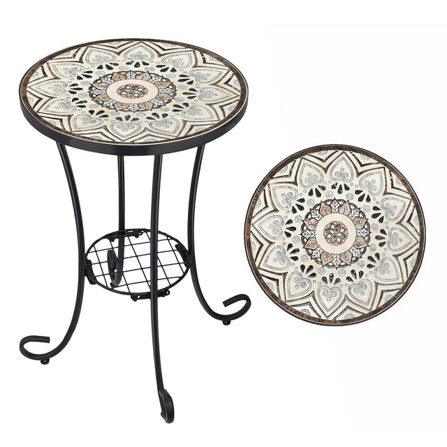 VCUTEKA Outdoor Side Table Mosaic Patio Table Accent Tables Mosaic Tile Top Metal Frame Small End Tables Porch Beach Patio Garden Balcony Brown 14''