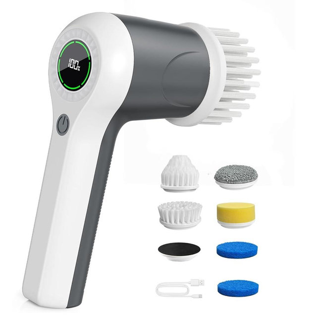 PUFTEM Electric Spin Scrubber, Cordless Shower Scrubber with Battery Level Display, 2 Speeds Electric Scrubber for Cleaning with 6 Replaceable Heads, Cleaning Brush for Bathroom/Sink/Window (Gray)