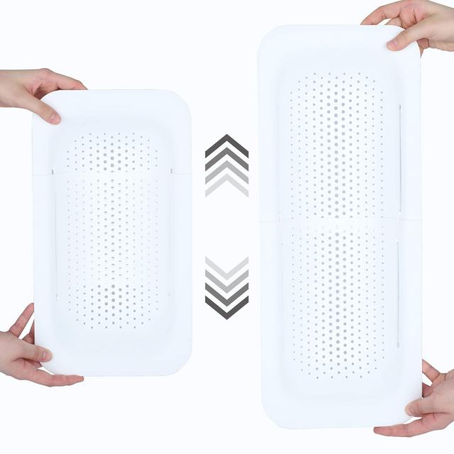 Blue Ginkgo's Over the Sink Colander Strainer Basket - Wash Vegetables and Fruits, Drain Cooked Pasta and Dry Dishes - Extendable - New Home Kitchen Essentials (7.9 W x 14.5-19.5 L x 2.75 H) - White