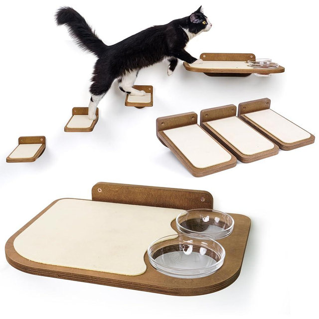 Cat Wall Shelves - Unique Cat Wall Furniture, Birch Wood Cat Shelf and 3 Cat Wall Steps Included - Cat Feeding Shelf with Glass Bowls - Easy to Install Cat Shelves for Wall