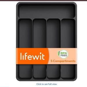 Lifewit Silverware Drawer Organizer Tray, Plastic Cutlery Storage for Kitchen, Flatware and Utensil Holder Divider for Spoons Forks Knives Tableware, 9.1 x 12.6", 5 Slots, Black