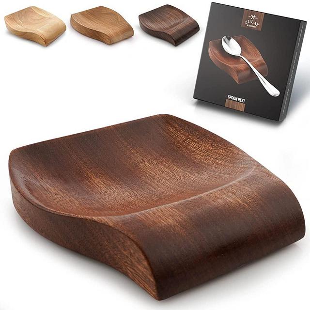 Zulay Sapele Wood Spoon Rest For Kitchen - Smooth Wooden Spoon Holder For Stovetop With Non Slip Silicone Feet - Perfect Holder For Spatulas, Spoons, Tongs & More