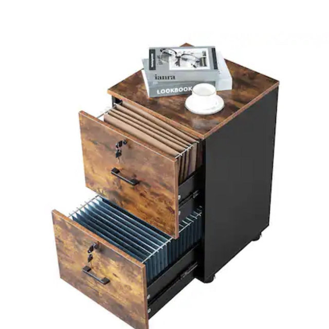 Winado - 16"D x 16"W x 27"H 2 Drawer Rolling Under Desk Letter Size Folders Lockable Wood File Cabinets Printer with Hanging Bar - Rustic Brown & Black