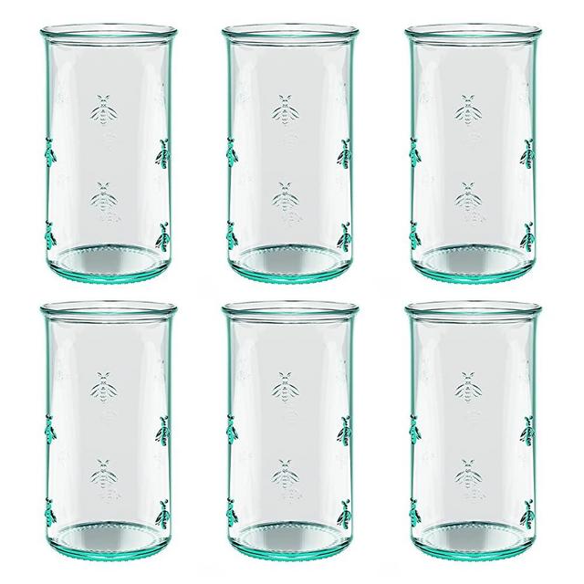 Amici Home Italian Recycled Green Regina Hiball Glass, 18 oz Drinking Glassware, Embossed Bee Design, Set of 6