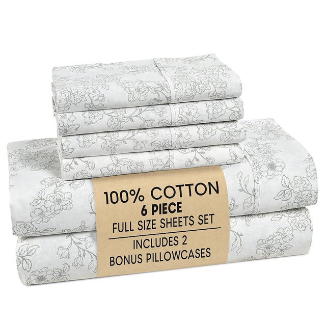Casa Platino 100% Cotton Full Sheet Set – 6 Piece Full Sheet Set with Crisp Cool & Soft Feel, with 15 Inch Deep Pocket Fitted Sheet, Breathable & Cozy for a Good Nights Sleep – Ashpetal