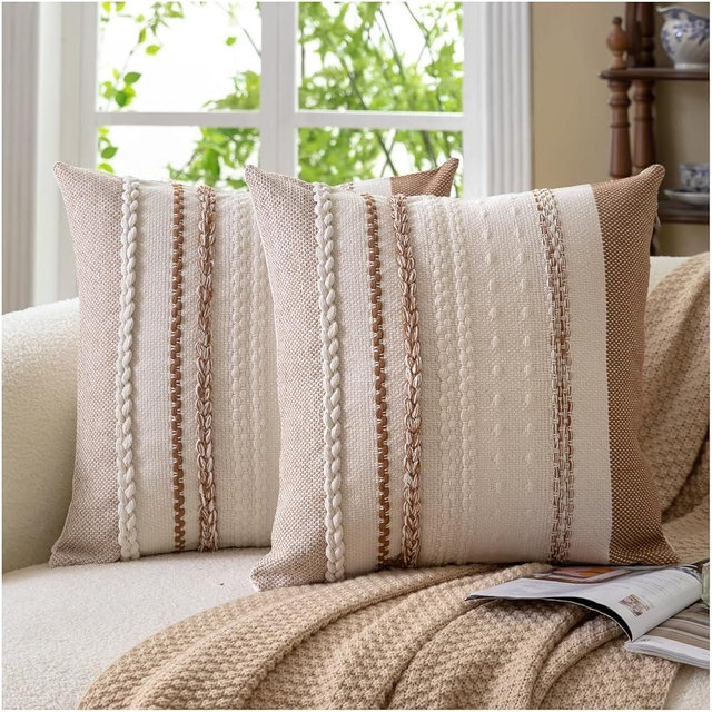 Cethom Boho Throw Pillow Covers 18x18 Inch Set of 2, Brown Textured Decorative Couch Pillow Cases for Farmhouse Home Decor, Accent Cushion Cover for Sofa, Bed, Living Room, Bedroom