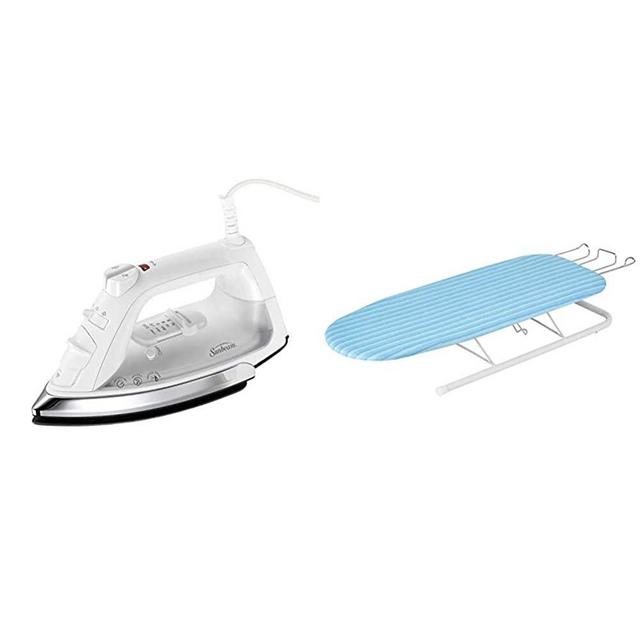 Sunbeam Classic 1200 Watt Mid-Size Anti-Drip Non-Stick Soleplate Iron, White/Clear & Honey-Can-Do Tabletop Ironing Board with Retractable Iron Rest