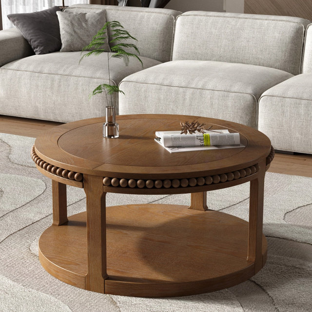 Round Coffee Table Center Table Accent Table Sofa Side Table with Storage Shelf, Walnut Brown - ModernLuxe