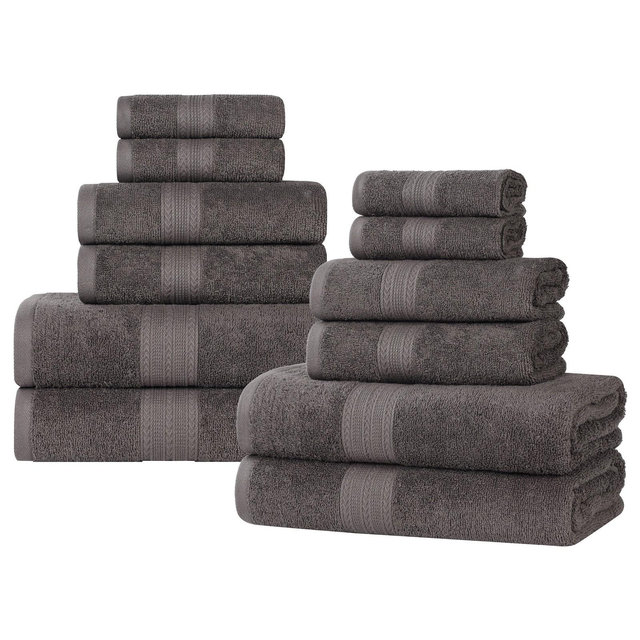 Eco-Friendly Sustainable Cotton Solid Lightweight 12-Piece Bathroom Towel Set, Graphite - Blue Nile Mills