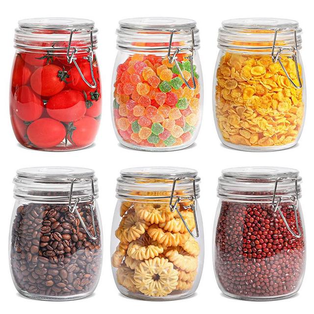 ComSaf 25oz Airtight Glass Canisters with Lids Set of 6, Round Food Storage Jar Container with Clamp Lids for Kitchen Canning Cereal Coffee Pasta Sugar Beans Spice, Clear Mason Jars with 12 Labels