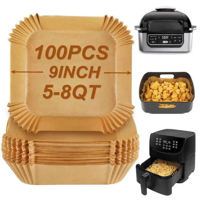 BYKITCHEN Air Fryer Sheets Liners for Ninja AG301 Grill, AF141, Cosori Air Fryer, 9 Inch Square Air Fryer Parchment Paper Filters for 5 to 8 Qt Basket, Ninja Foodi Grill Accessories (Set of 100)