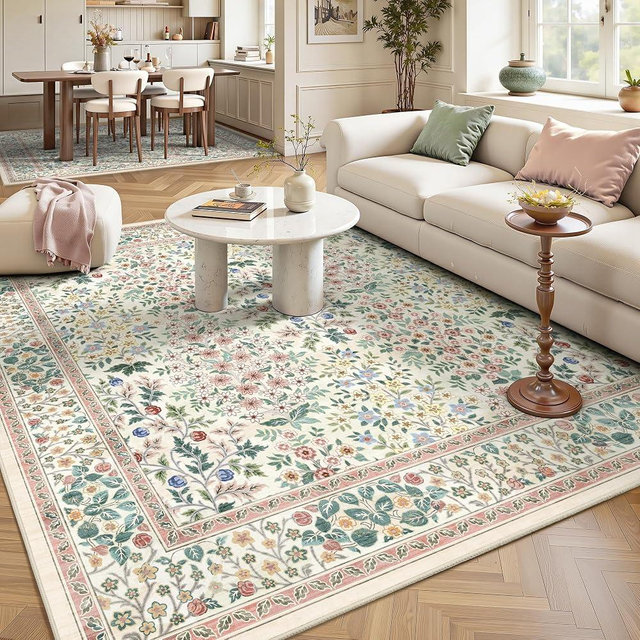 Yarooge 6x6 Square Area Rugs, Machine Washable Low Pile Floral Rugs for Living Room, Bedroom, Large Boho Area Rug with Non-Slip Backing for Dining Room(Pink Floral)