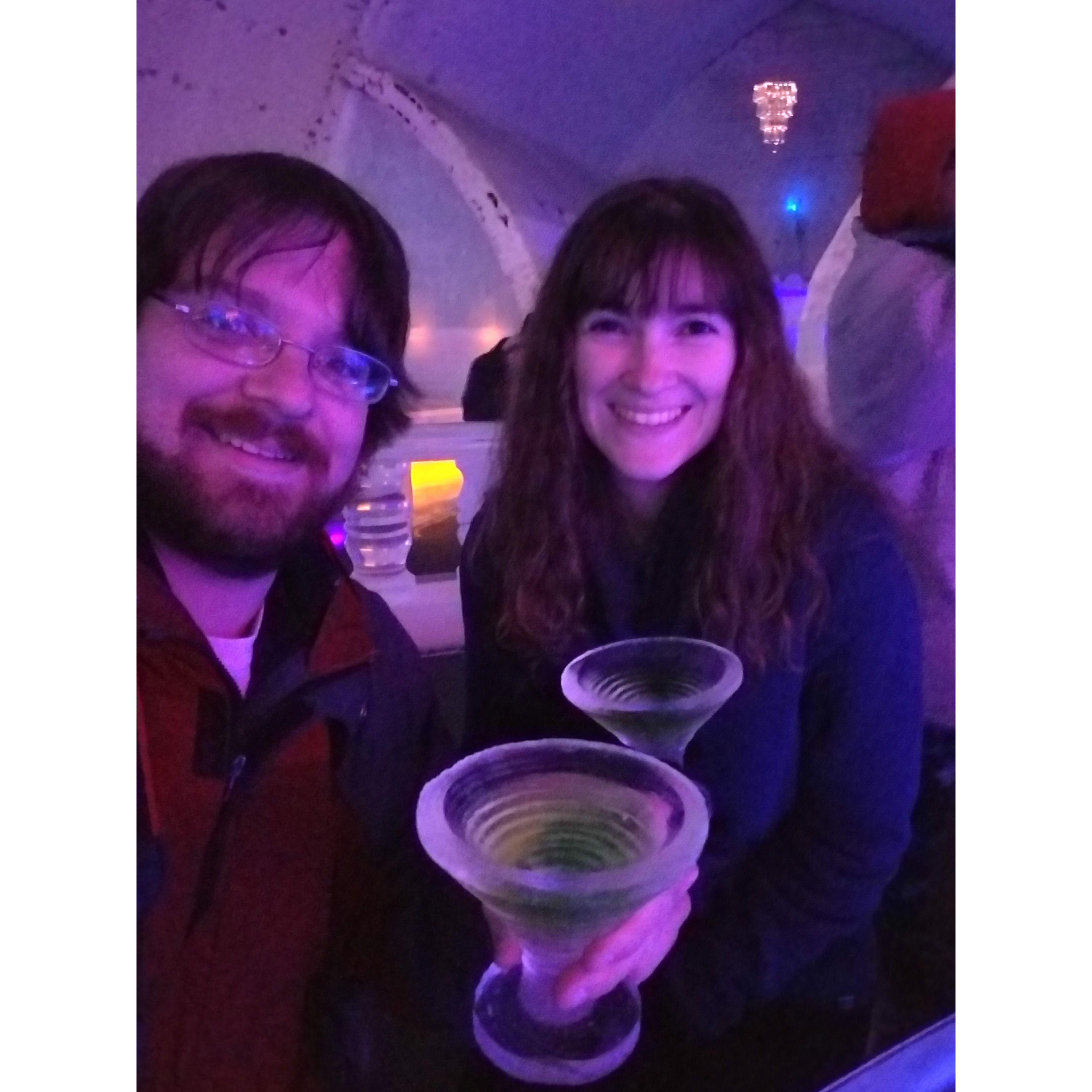 Apple martinis in ice "glasses" - Ice bar in Alaska, June 2022