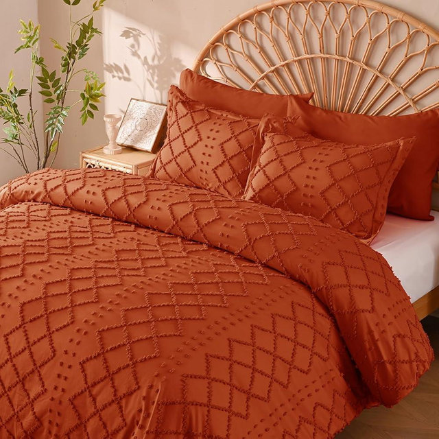 Manyshofu 5Pcs Boho Queen Duvet Cover Set - Tufted Burnt Orange Duvet Cover Pattern, Shabby Chic Boho Bedding Set Textured Comforter Covers with Embroidery Pillow Shams