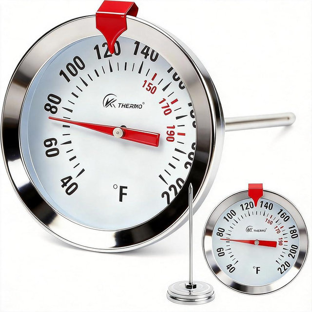 SPOROLWE Meat Thermometer, 2 Inch Large Dial Analog Thermometer, 40–220°F Cooking Range with 150–190°C Reference, Oven Safe, No Battery, Stainless Steel Probe for Grill & BBQ