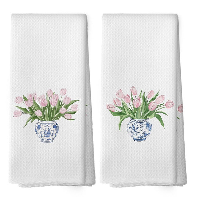 Mcehtle Chinoiserie Tulips Kitchen Towels Set of 2, Blue and White Porcelain Kitchen Decor, Tulips Flowers Hand Towel for Bathroom, Floral Botanical Decorative Tea Dish Towels 16x24 Inch