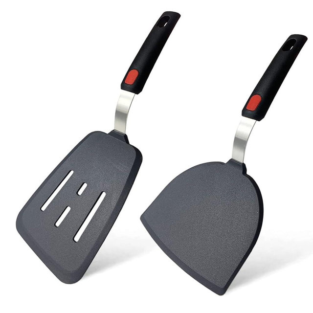 Silicone Spatula Set of 2 for Nonstick Cookware,Tenta Tenta Kitchen Slotted Angle Spatula Round Pancake Spatula Silicone 600°F Heat Resistant Classic Rubber Spatula Set For Cooking-Grey/Black