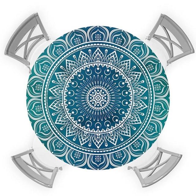 SEVENBABU Round Table Cover 55-60 Inch, Waterproof Reusable Table Cloth Round Fitted Vinyl Tablecloth with Elastic Edged for Parties Outdoors, Boho Style Mandala Pattern Green Gradient