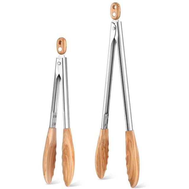 Baderke 2 Pcs Olive Wooden Kitchen Tongs for Cooking Wooden Utensil Set Salad Tongs with Wood Tips for Serving Salad Flipping Burgers Grilling and Much More, Set of 2, 11.4 Inch and 14.6 Inch