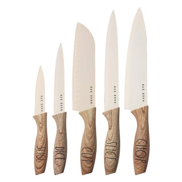 Rae Dunn Everyday Collection Set of 5 Stainless Steel Knives with Sheaths, Chef, Paring, Bread, Santoku Knives- by Cook with Color (White)