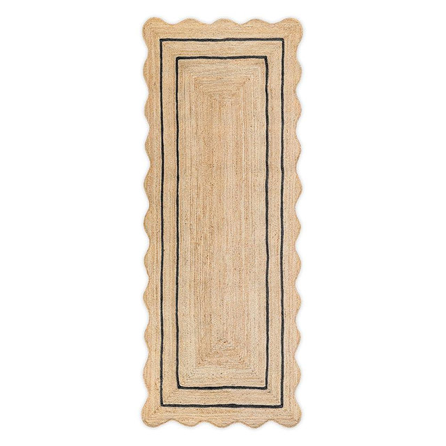 Weaving Village Wave Scalloped Natural Jute Rug Boho Jute Rug Entryway Runner Rug Farmhouse Scallop Rug, Black (2'x6')