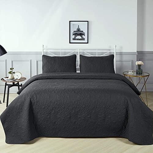 LEJIAN Quilt Set Queen Size(88X92), Dark Grey Soft Microfiber Lightweight Coverlet, Geometric and Floral Pattern Bedspread for All Season, 3 Pcs (Includes 1 Quilt, 2 Shams)