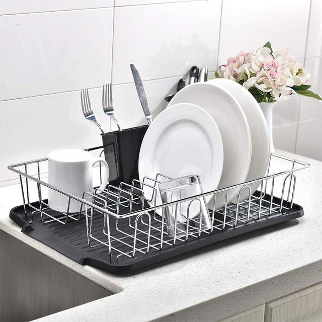 Popity home 3 piece Sturdy Kitchen Sink Side Silver Dish Drying Rack,Dish Rack with Black Drainboard and Utensil Holder