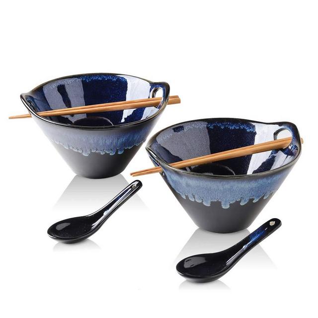 KOOV Porcelain Ramen Bowls and Spoons Set of 2 - Japanese Ramen Noodle Bowl with Chopsticks and Spoons, 26 Ounce Deep Pho Bowl, Reactive Glaze (Blue Galaxy)