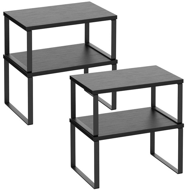 Kitchen Cabinet Organizer Shelf Set of 4, Sturdy Kitchen Counter Shelves with Metal Legs, Stackable Expandable Wood Spice Rack Pantry Cupboard Dish Mug Cup Storage Organizer Shelf, Black