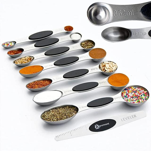 Heavy Duty Magnetic Engraved Stainless Steel Metal Measuring Spoons for Dry or Liquid, Fits in Spice Jar, Set of 8 with bonus Leveler - APREMONT