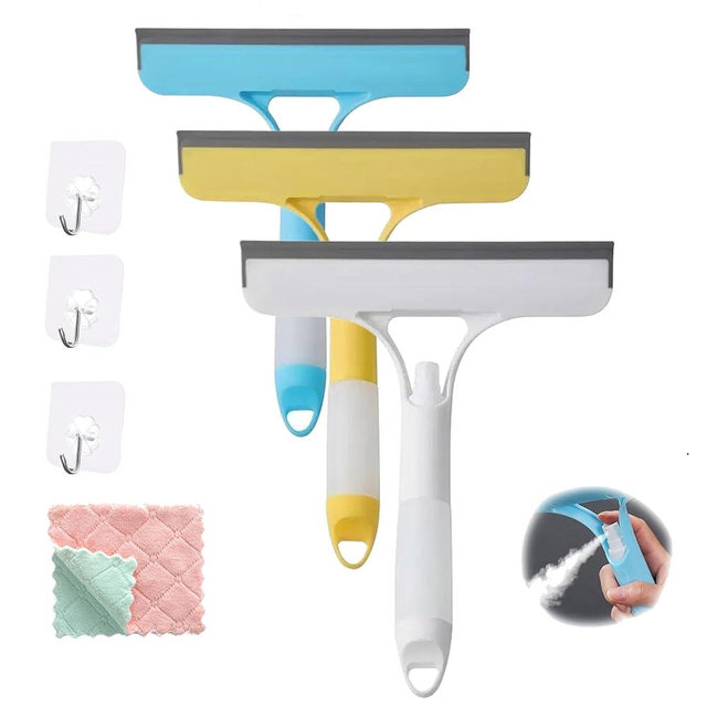 3 in 1 Window Cleaning Scraper, 2025 New Upgrade All-Purpose Spray Window Squeegee Cleaner Tool, Easily Realize Three Steps of Spraying, Scrubbing and Drying (Yellow+Blue+White)