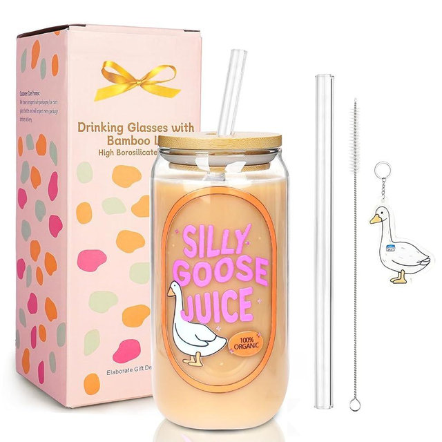 Mason Life Glass Cup with Lid and Straw 18 OZ Cute Glass Cup Silly Goose Iced Coffee Cups with Bamboo Lid Reusable Glass Tumbler for Smoothie, Cocktail, Matcha Girls Trendy Gift Preppy Stuff