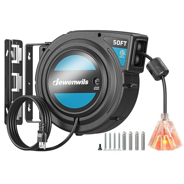 DEWENWILS Extension Cord Reel with Twist-lock Stopper, Brighter Triple Tap Outlet Heavy Duty Power Retractable Cord Reel, 180° Swivel Bracket for Ceiling or Wall Mount, ETL Listed, Black