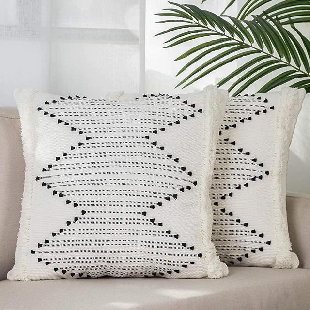 blue page Boho Neutral Waves Decorative Throw Pillow Covers - Set of 2 Boho Tufted Pillow Cases, Cotton Woven Square 20"x20" for Couch Sofa Bedroom Living Room, Modern Accent Farmhouse (Black Cream)