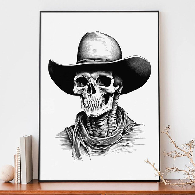 Retro Bony Bandits Wall Art - Western Skeleton Art, Black and White Ink Sketch, Skull Cowboy Poster, Wild West Pictures for Bedroom, 16x24inch, No Frame