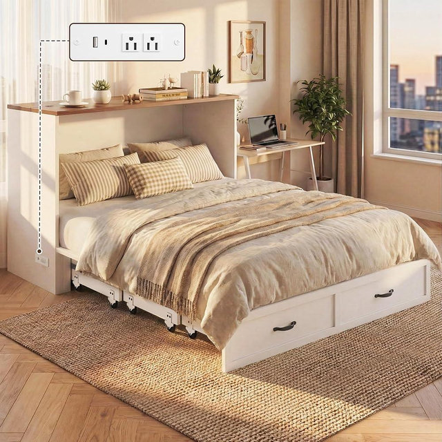 HISOFT Queen Murphy Bed Frame with Charging Station, Freestanding Cabinet Murphy Bed with Fold-Down Panel & Reinforced Support, Space-Saving Design for Small Living Spaces, Shipped in 2 Boxes, White | Space Saving, Cabinet Bed, For Small Space, Murphy Bed, Farmhouse Dseign