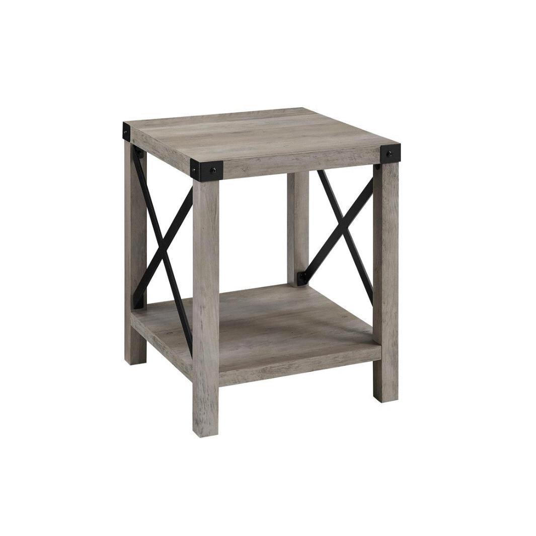 18" Rustic Farmhouse Metal X Frame Side Table with Wood and Metal - Grey Wash
