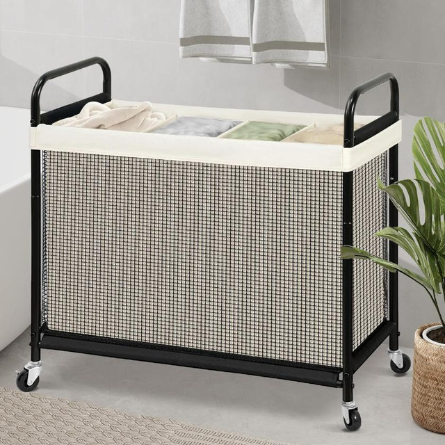 STO STO Laundry Hamper 4 Section, 140L Rolling Laundry Sorter Cart with Removable and Washable Liner Bag, Clothes Hamper with Wheels and Metal Handle for Laundry Room and Bedroom, Beige