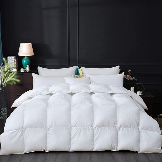 Luxurious All-Season Queen Size Goose Down Comforter Down Fiber Duvet Insert, Premium White Solid Plain Design, Premium Baffle Box, 100% Egyptian Cotton, 70 oz Fill Weight