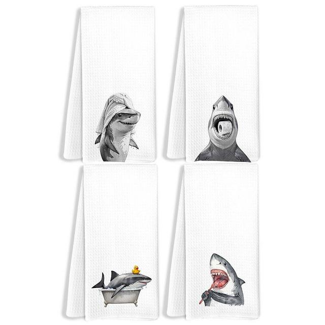 RYVJU Funny Shark Bathroom Hand Towels Set of 4, Trendy Sea Animals Rubber Duck Hand Towels for Bathroom Decor, Sharks Gifts for Women Kids Decorative Towel for Bath Room Spa Gym, 16x24 Inch