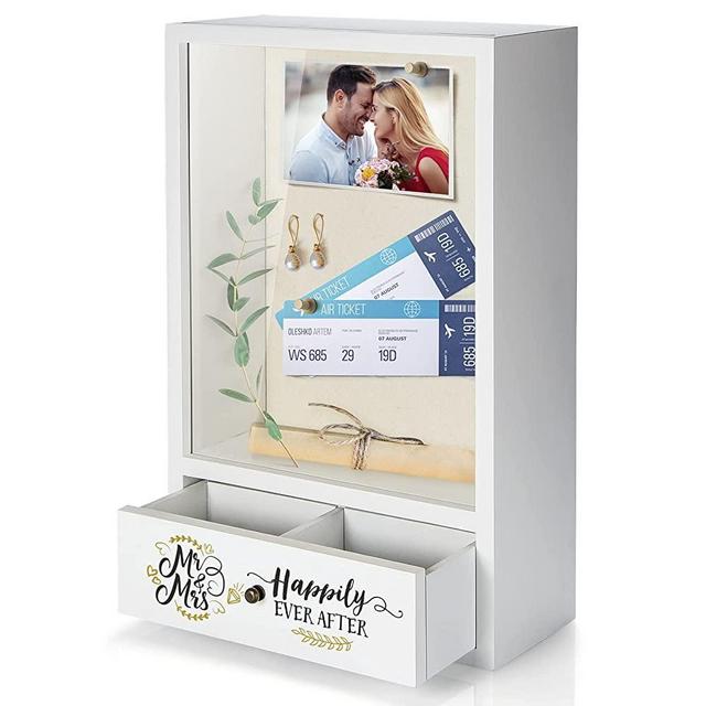 TJ.MOREE Wedding Keepsake Box, Wooden Memory Box Gifts for Wedding Anniversary Personalized Gift Ideas for Couple Newlywed, Mr & Mrs Decorative boxes for Keepsake - Happily Ever After