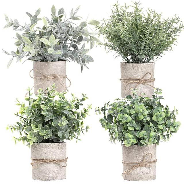 Joyhalo 4 Pack Artificial Potted Plants Faux Eucalyptus & Rosemary Greenery in Pots Small Houseplants for Indoor Tabletop Decor