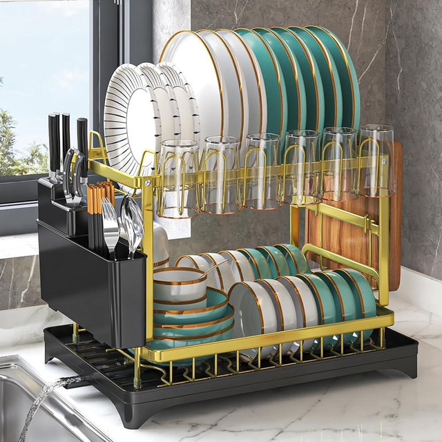 IBEDMAZIE Dish Drying Rack Gold, Multifunctional Dish Racks for Kitchen Counter with Drainboard 2 Tier Dish Drainer Large Capacity for Dish/Knifes/Cup/Cutting Board (Gold)