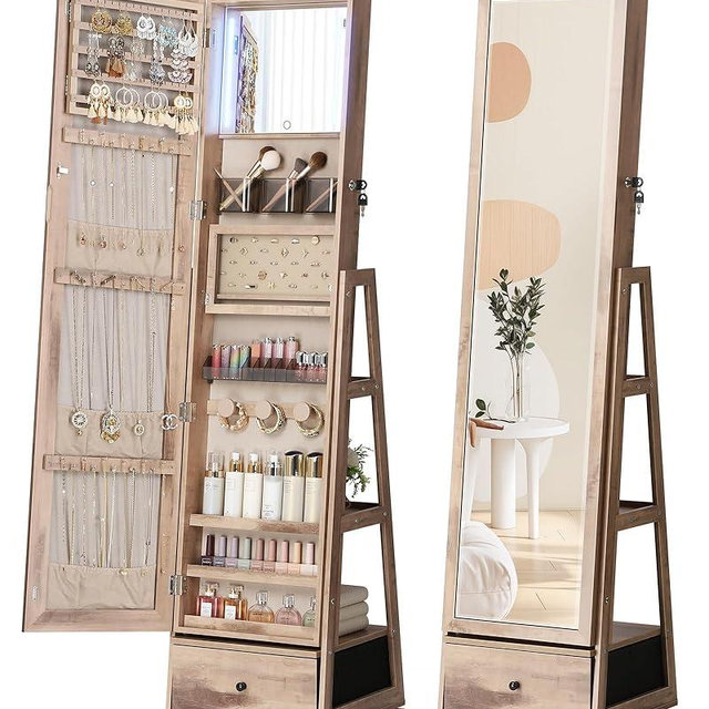 Nicetree 360° Swivel Jewelry Cabinet with Lights, Touch Screen Vanity Mirror, Rotatable Full Length Mirror with Jewelry Storage, Standing Jewelry Armoire Organizer, Foldable Makeup Shelf, Toasted Oak