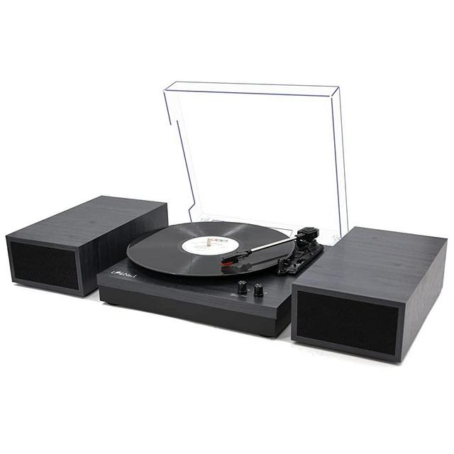 LP&No.1 Bluetooth Vinyl Record Player with External Speakers, 3-Speed Belt-Drive Turntable for Vinyl Albums with Auto Off and Bluetooth Input, Dark Grey